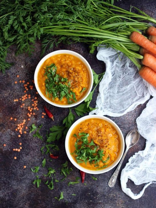 Vegan Roasted Carrot Soup with Lentils - Beautiful Overhead with the Dish and All Ingredients