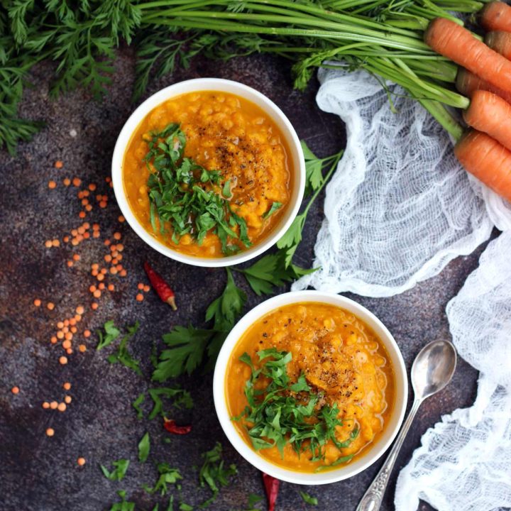 Vegan Roasted Carrot Soup with Lentils - Beautiful Overhead with the Dish and All Ingredients