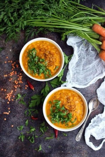 Vegan Roasted Carrot Soup with Lentils - Beautiful Overhead with the Dish and All Ingredients