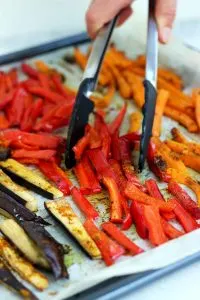 Pita Pockets with Roasted Veggies and Hummus - Preparing the Roasted Vegetables on a Tray