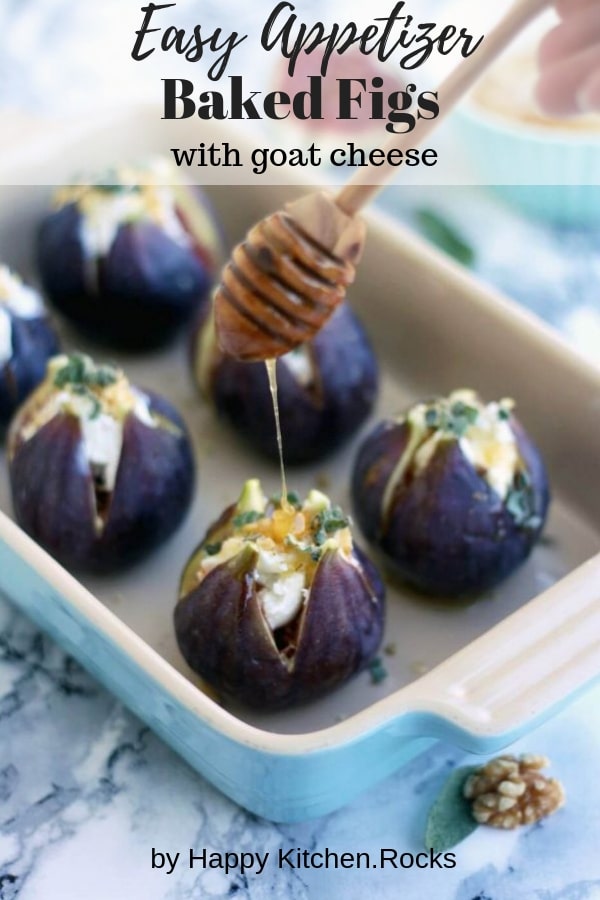Easy 15-minute Baked Figs with Goat Cheese, walnuts, honey and sage recipe. These roasted figs make for an easy appetizer your guests will love! #figs #appetizer #goatcheese #gourmet #cheese