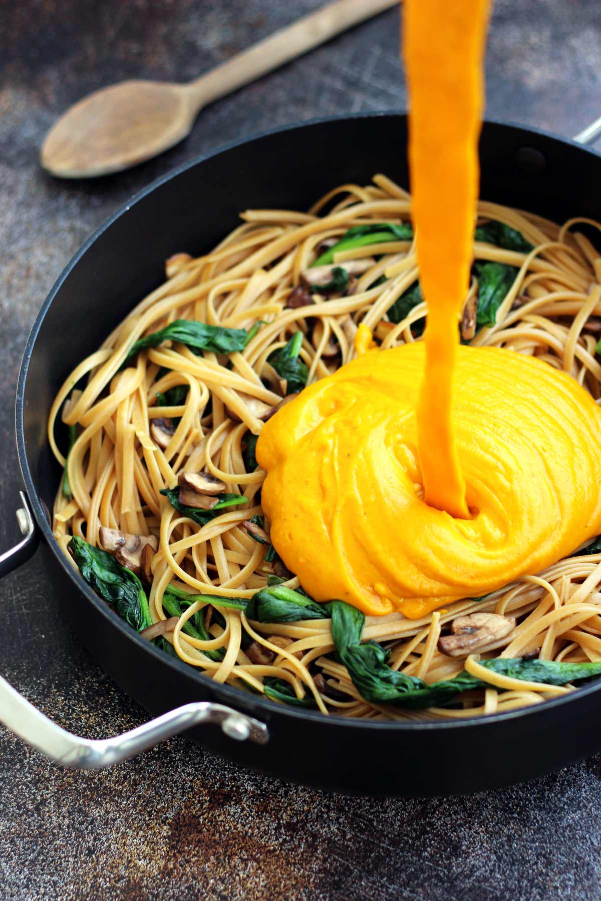 Healthy Pumpkin Pasta with Spinach and Mushrooms • Happy Kitchen