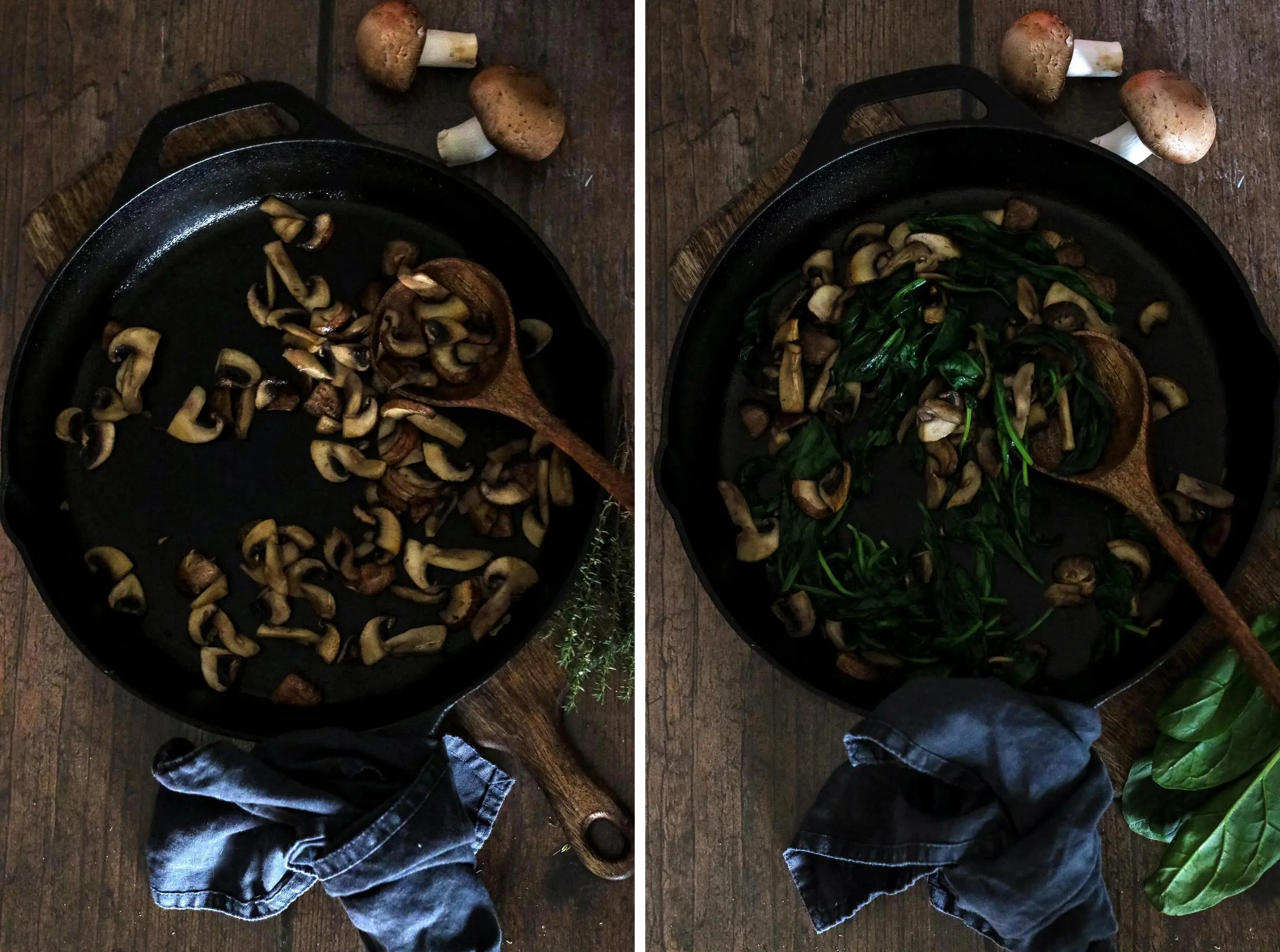 Mushrooms and Mushrooms with Spinach in a Skillet.