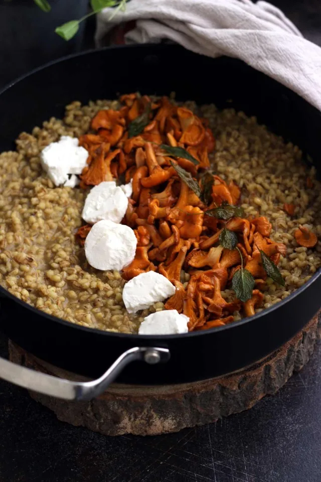 Easy Barley Risotto with Mushroom and Goat Cheese Risootto - in a Skillet Ready for Cooking