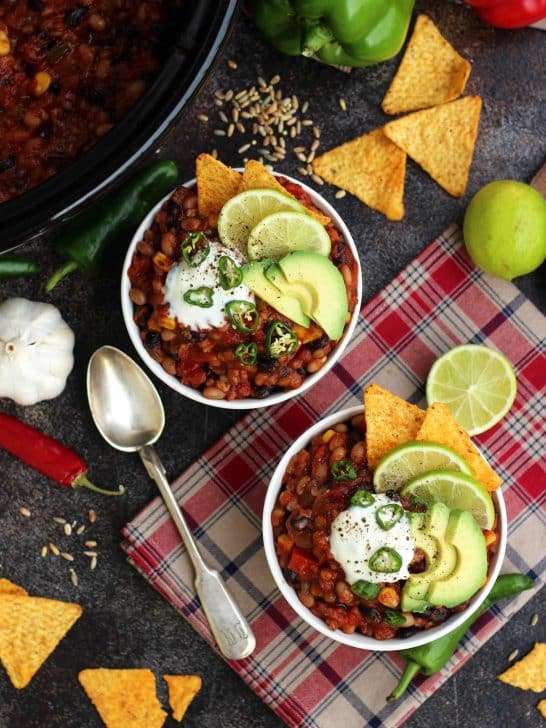 The Best Slow Cooker Vegan Chili Bowls of Chili Flatlay