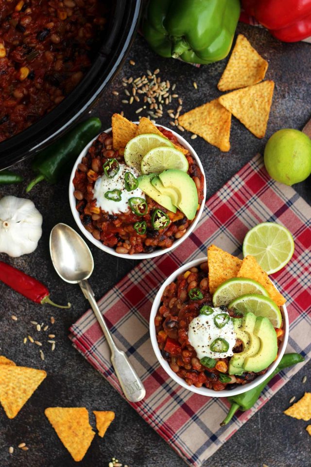 Bowls of Chili on a Wooden Board