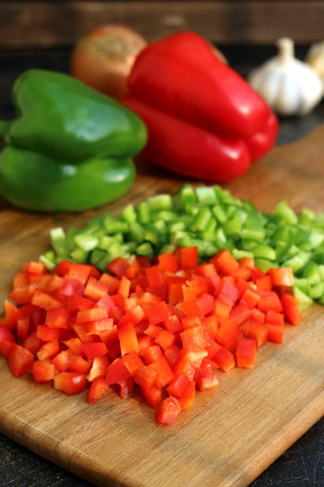 Diced Bell Peppers on a Cutting Board