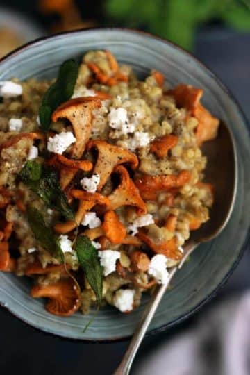 Easy Barley Risotto with Mushroom and Goat Cheese in a Bowl Flatlay Closup with a Spoon in the Bowl