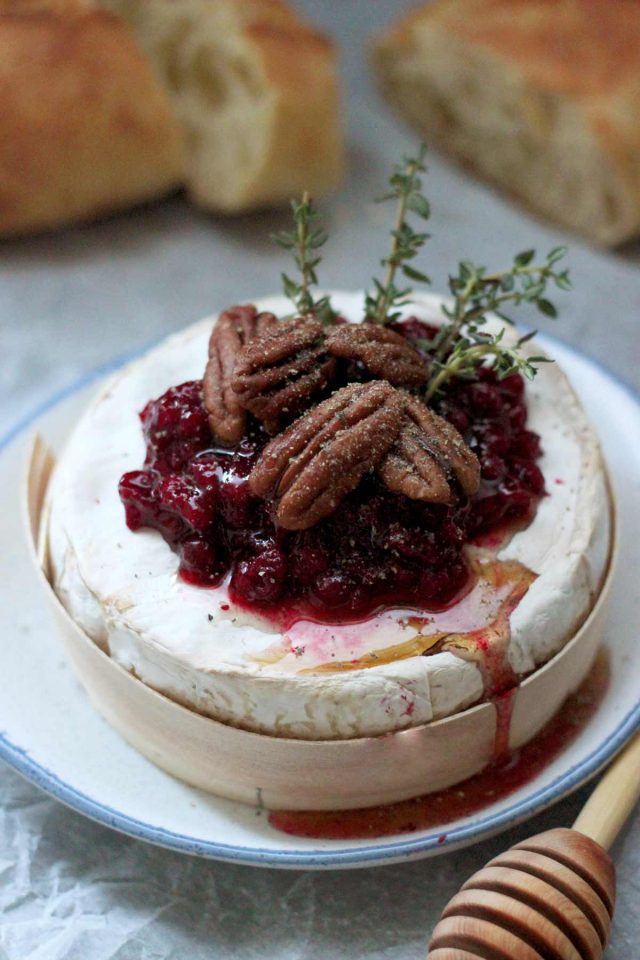 Easy Cranberry Baked Brie with Thyme Closeup Served