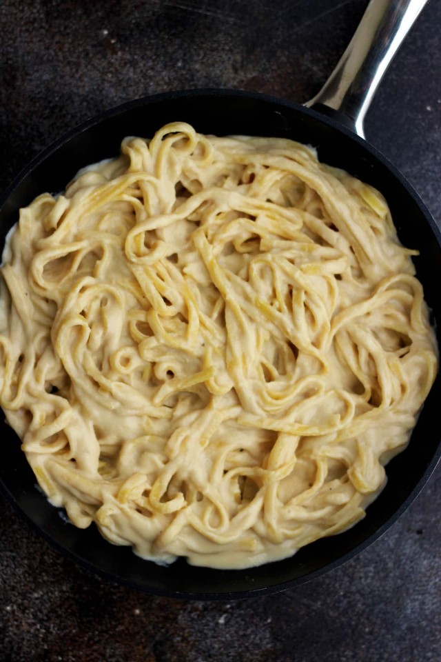 The Creamiest Vegan Fettuccine Alfredo - in a Skillet Ready for Decoration and Serving