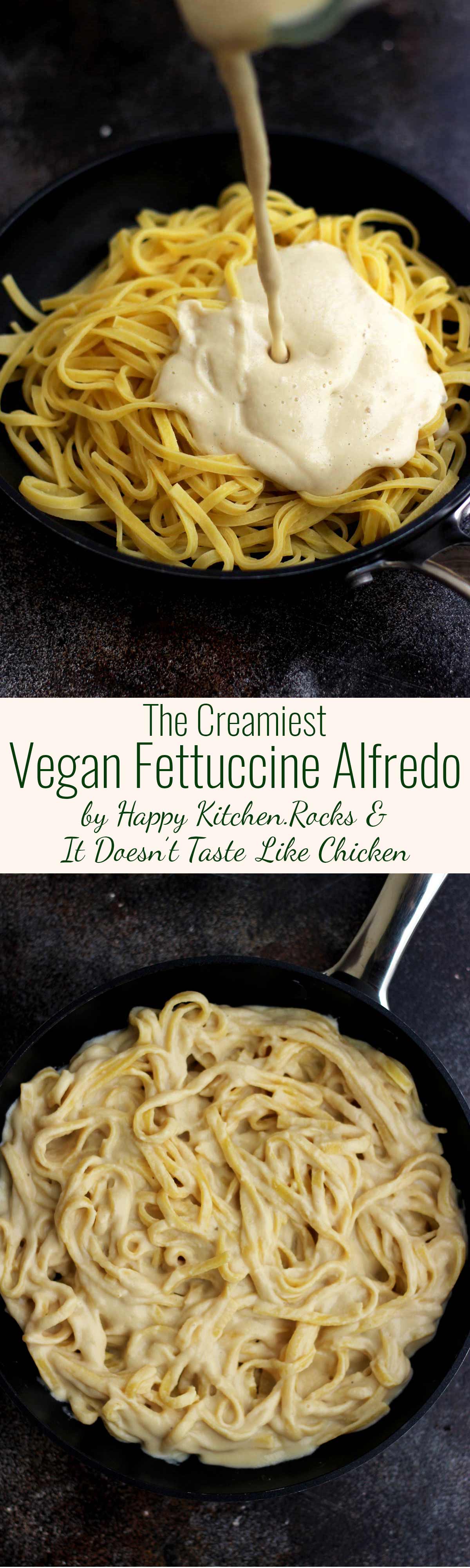 Vegan Fettuccine Alfredo in a Skillet Collage with Two Images and Text Overlay