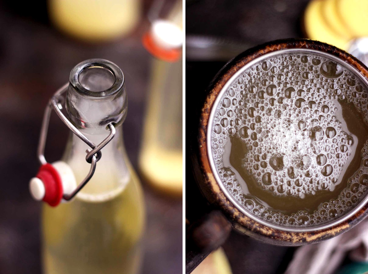 Collage: A Bottle and A Wooden Mug with Fizzy Ginger Beer