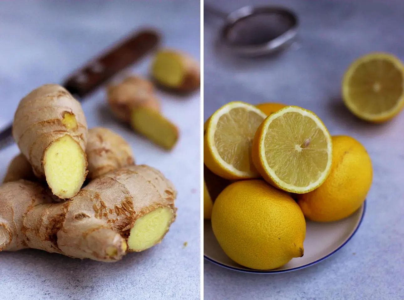 Collage of Ginger Root Next to Lemons.