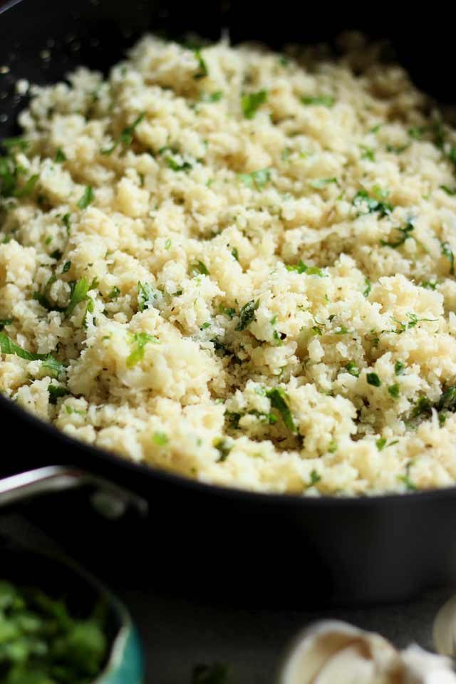 Cauliflower Rice in a Skillet with Parsley
