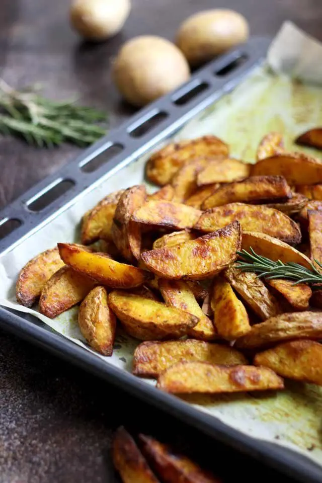 Easy Baked Potato Wedges in a Tray Angle Shot