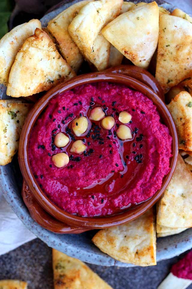 Beet Hummus Surrounded by Pita Chips