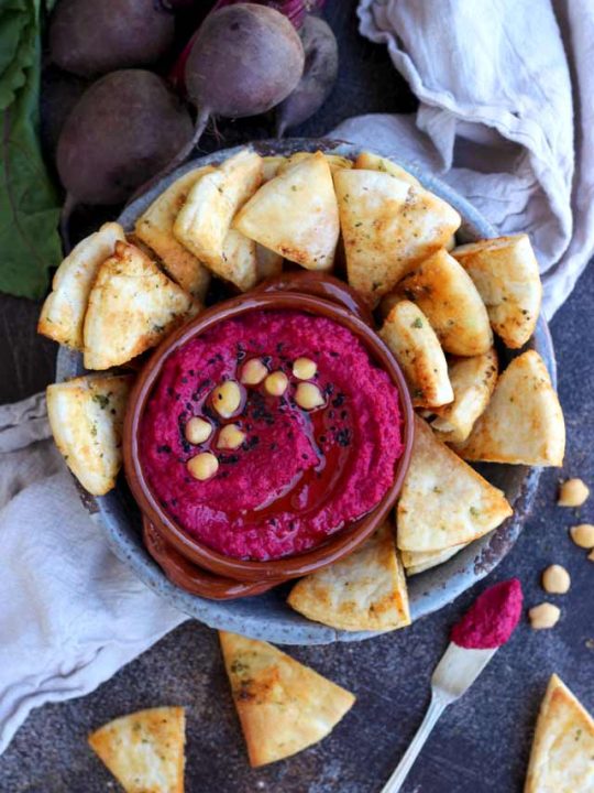Roasted Beetroot Hummus with Pita Chips - Healthy Vegan Appetizer