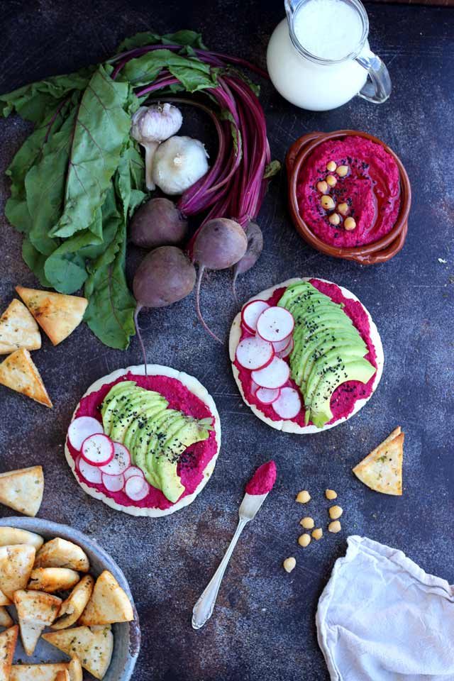 Hummus on Pita Bread Topped with Avocado and Radishes