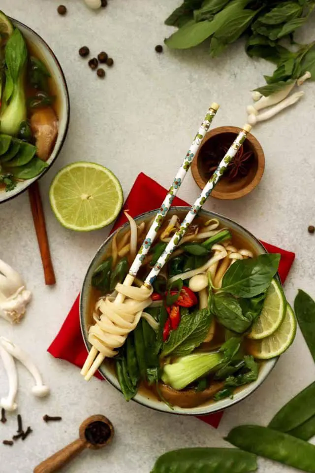 Vietnamese Noodle Soup in a Bowl with Lime