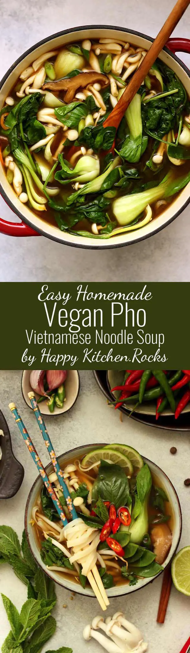 Vegan Pho (Phở) is an easier and healthier version of the traditional Vietnamese noodle soup. This nourishing and flavorful gluten-free and fat-free soup is perfect for any season! #asian #pho #noodlesoup #broth #vietnamese #vegan #vegansoup #veganrecipe #veganfood #comfortfood #recipe #recipes #glutenfree #plantbased #vegetarian #healthyeating #healthyfood #noodlebowl #asianfood