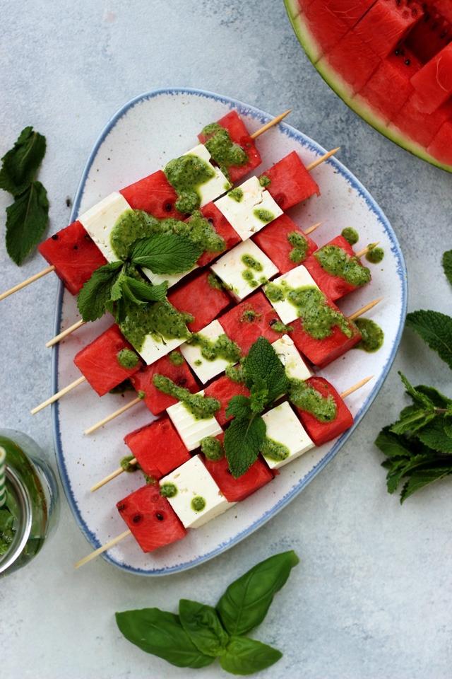 Watermelon Skewers With Feta And Mint Pesto