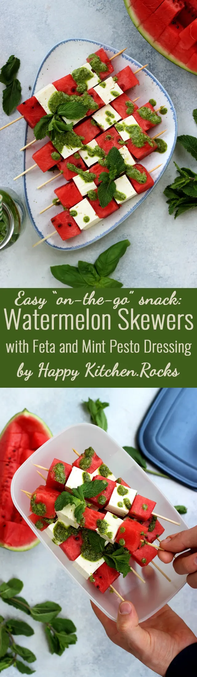 These take-along watermelon skewers with feta and mint pesto dressing are a quick and easy appetizer or snack for your next outdoor gathering, BBQ or picnic! Enjoy these delicious and healthy watermelon skewers on a hot summer day! #WatermelonOnTheGo #ad #summerrecipes #watermelon #feta #skewers #bbq #picnicrecipe #easyrecipes #recipes #cleaneating #pesto #peppermint #appetizer #snacks #onthego #healthysnacks