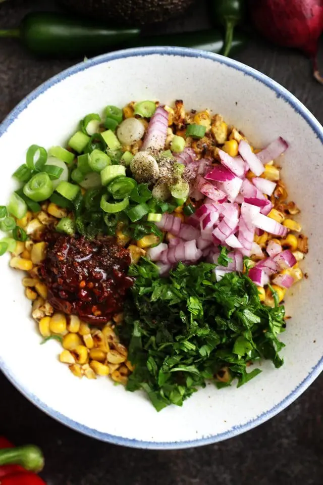 Ingredients for Chipotle Corn Salsa in a Mixing Bowl