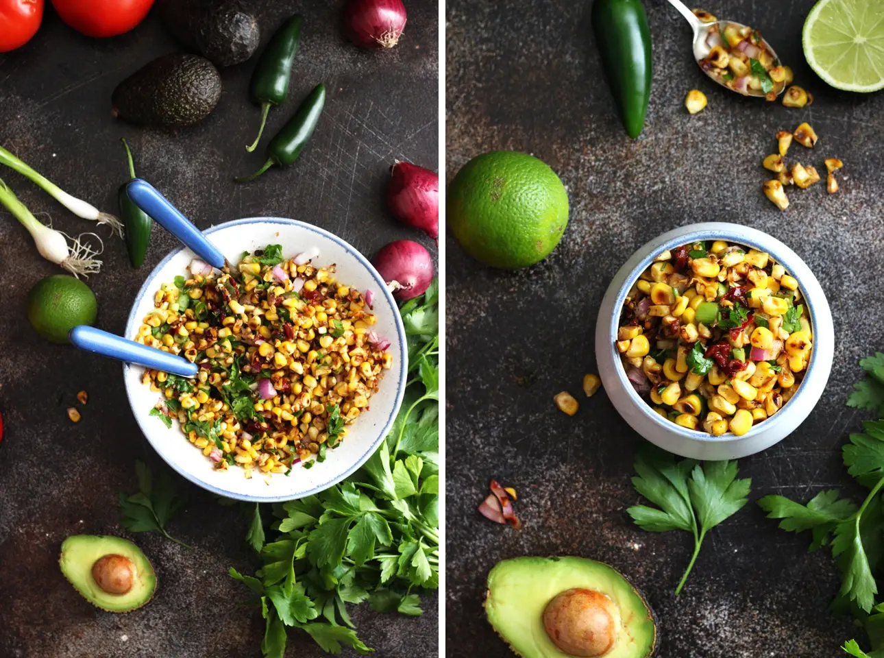 Chipotle Corn Salsa in a Mixing Bowl next to a Ramekin Collage