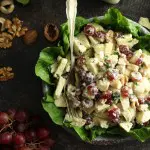 Healthy Vegan Waldorf Salad Recipe - Overhead Shot with Walnuts and Grapes around the Plate