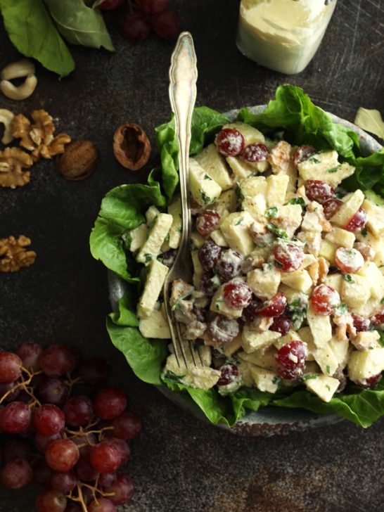 Healthy Vegan Waldorf Salad Recipe - Overhead Shot with Walnuts and Grapes around the Plate
