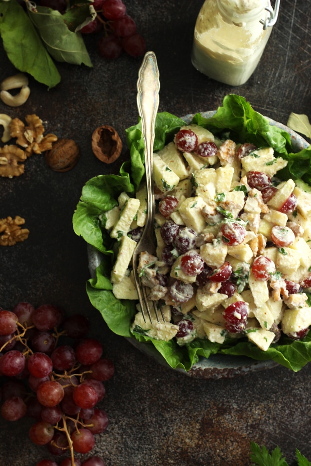 Healthy Vegan Waldorf Salad Recipe - Overhead Shot with Walnuts and Grapes around the Plate