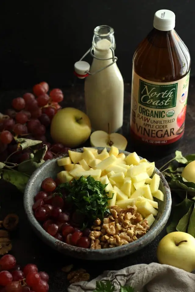 Healthy Vegan Waldorf Salad Recipe - the Mix of All Ingredients on the Table