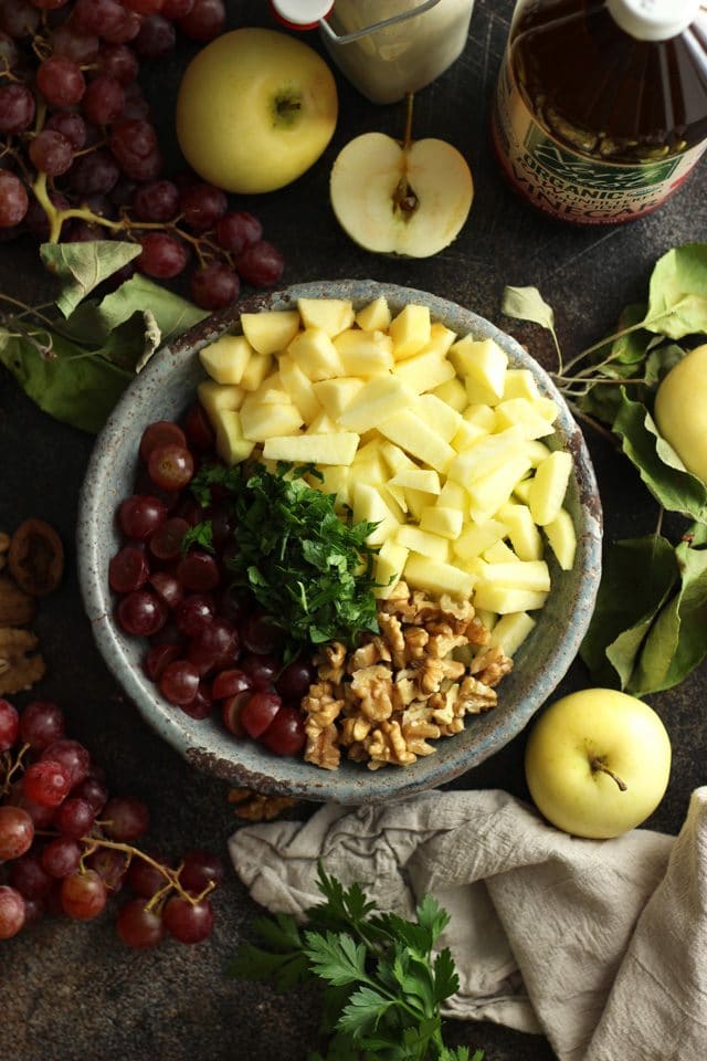 Healthy Vegan Waldorf Salad Recipe - All Ingredients in One Place Overhead