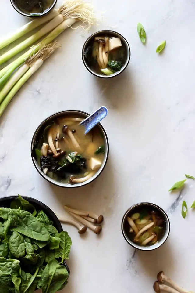 Easy Miso Soup (Japanese Clear Soup) Overhead with Mushrooms on the Table