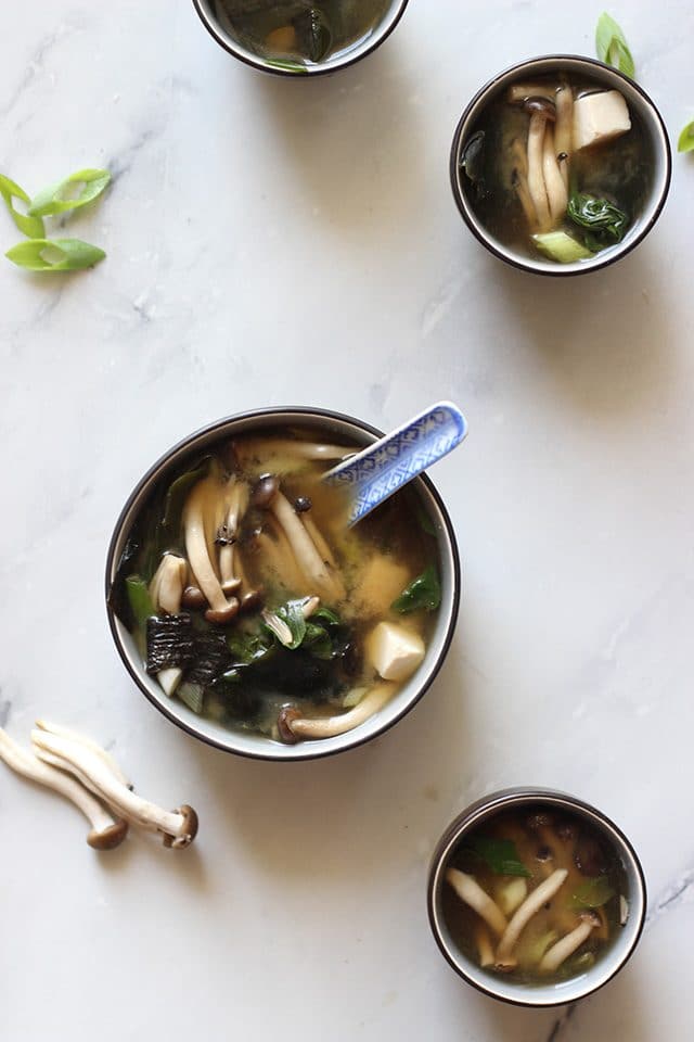 Easy Miso Soup (Japanese Clear Soup) Overhead with Mushrooms on the Table