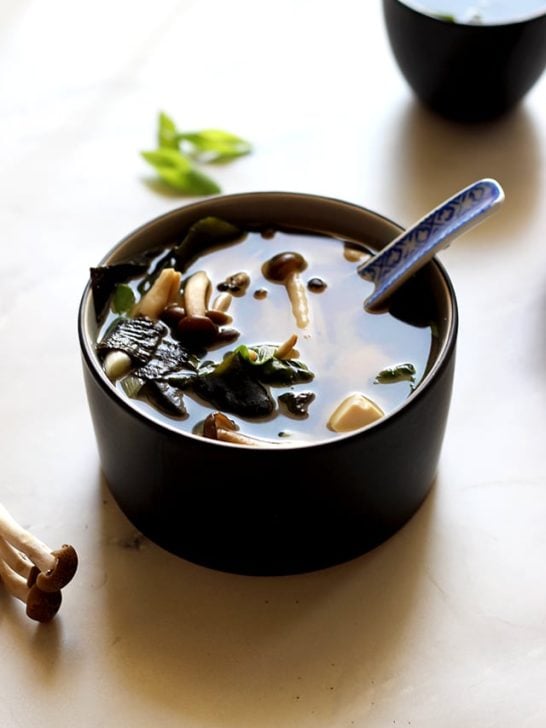 Easy Miso Soup (Japanese Clear Soup) - a Full Bowl of Soup Served with a Spoon