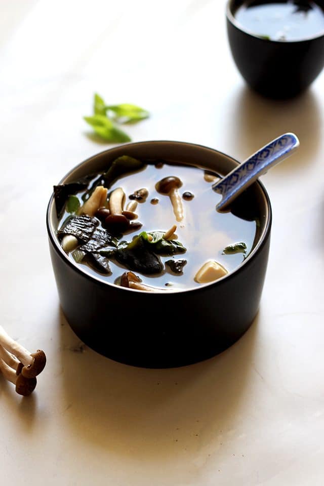 Easy Miso Soup (Japanese Clear Soup) - a Full Bowl of Soup Served with a Spoon