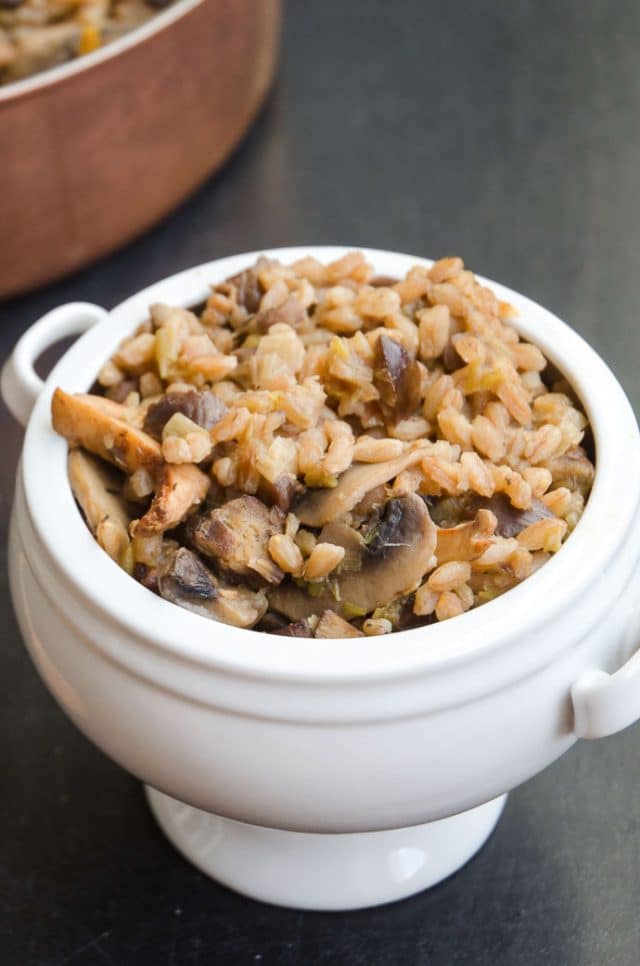 Farro with leeks, mushrooms and chestnuts.