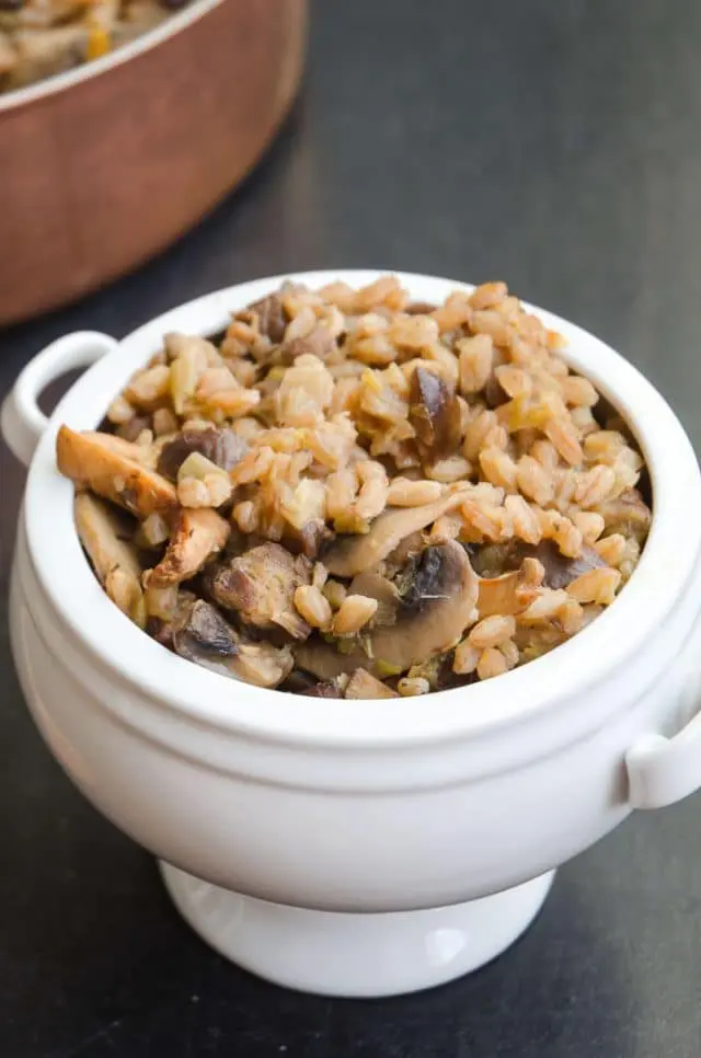 Farro with leeks, mushrooms and chestnuts.