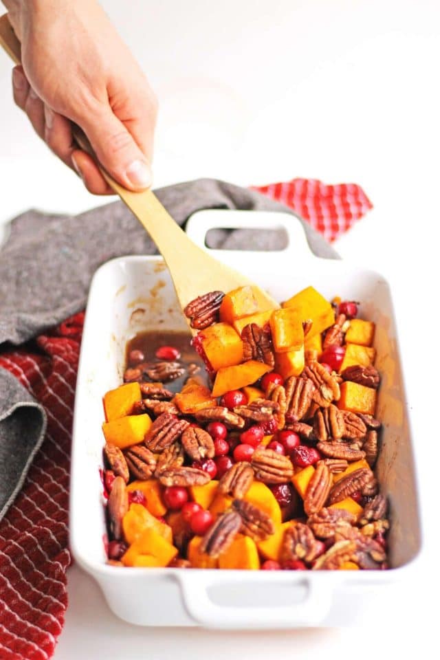 Roasted maple cinnamon butternut squash with cranberries and pecans.