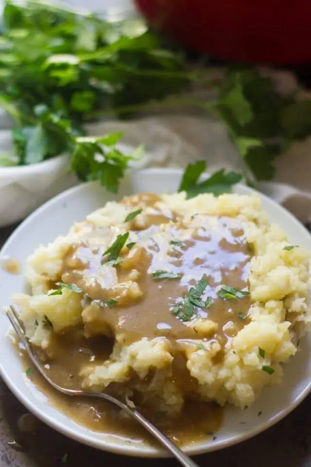 Vegan gravy over mashed potatoes.