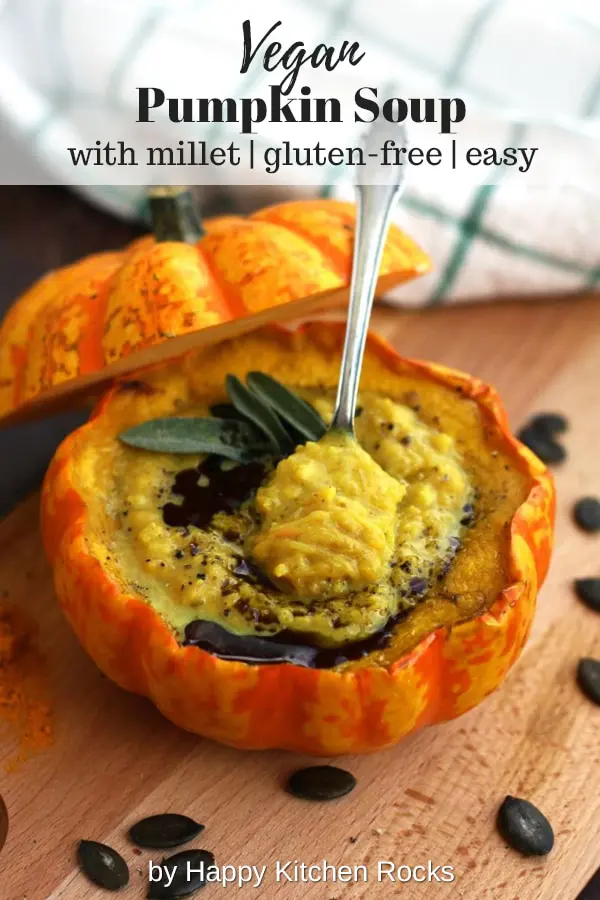 Easy Pumpkin Soup with Millet in Pumpkin Bowls with a Spoonful of Rich Soup with Text Overlay