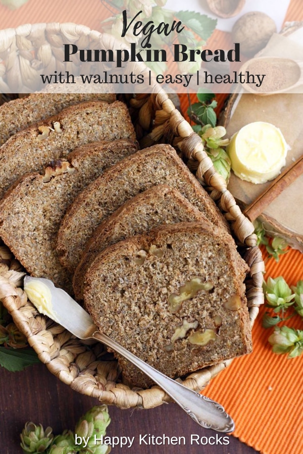 Healthy Pumpkin Bread with Walnuts in a Basket with Text Overlay