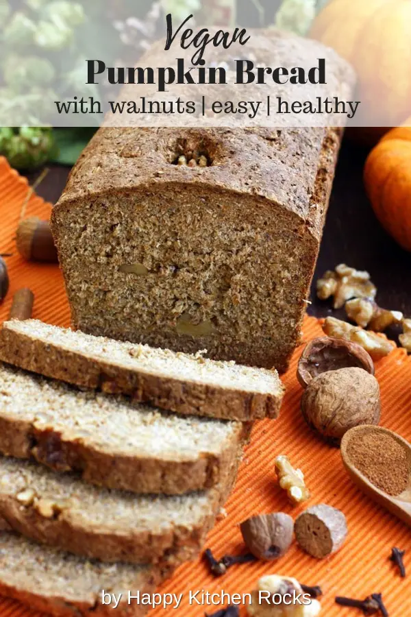 Healthy Pumpkin Bread with Walnuts Cut in Pieces with Text Overlay