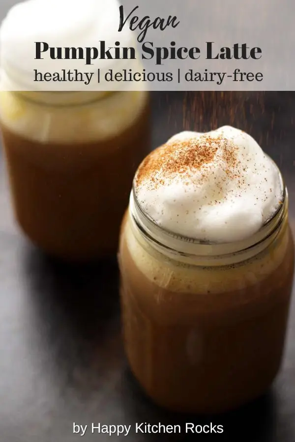 Healthy Vegan Pumpkin Spice Latte - Two Mason Jars Topped with Cashew Whipped Milk, Sprinkled with Cinnamon