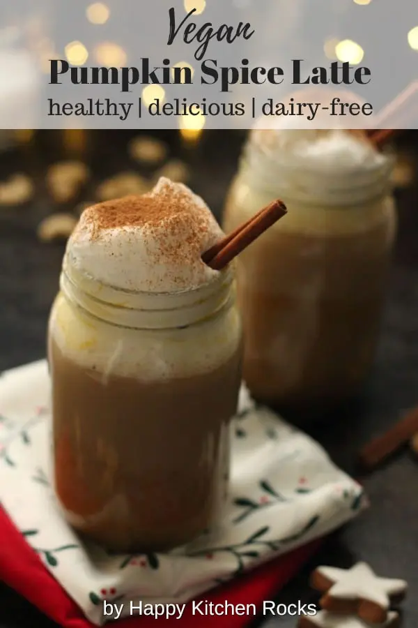 Healthy Vegan Pumpkin Spice Latte - Two Mason Jars with Festive Lights in the Background