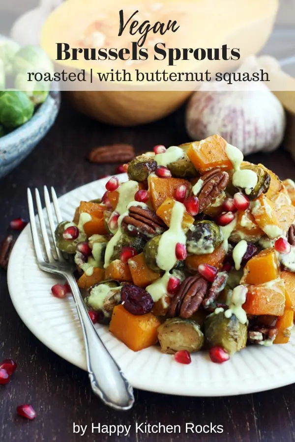 Roasted Brussels Sprouts with Butternut Squash Served on a Plate Collage with Text Overlay