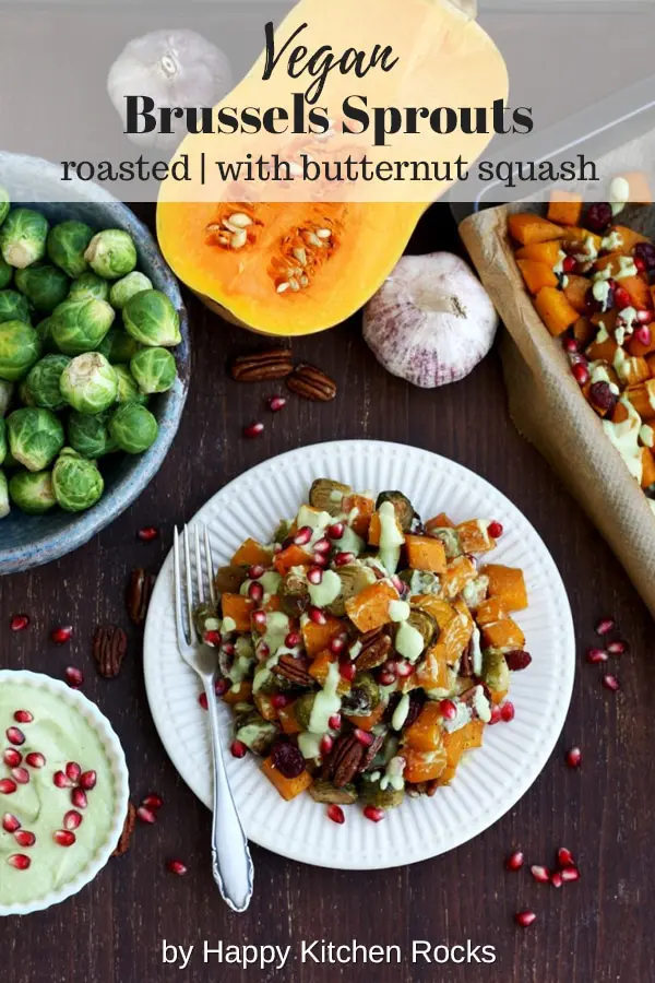 Roasted Brussels Sprouts with Butternut Squash on the Table Collage with Text Overlay