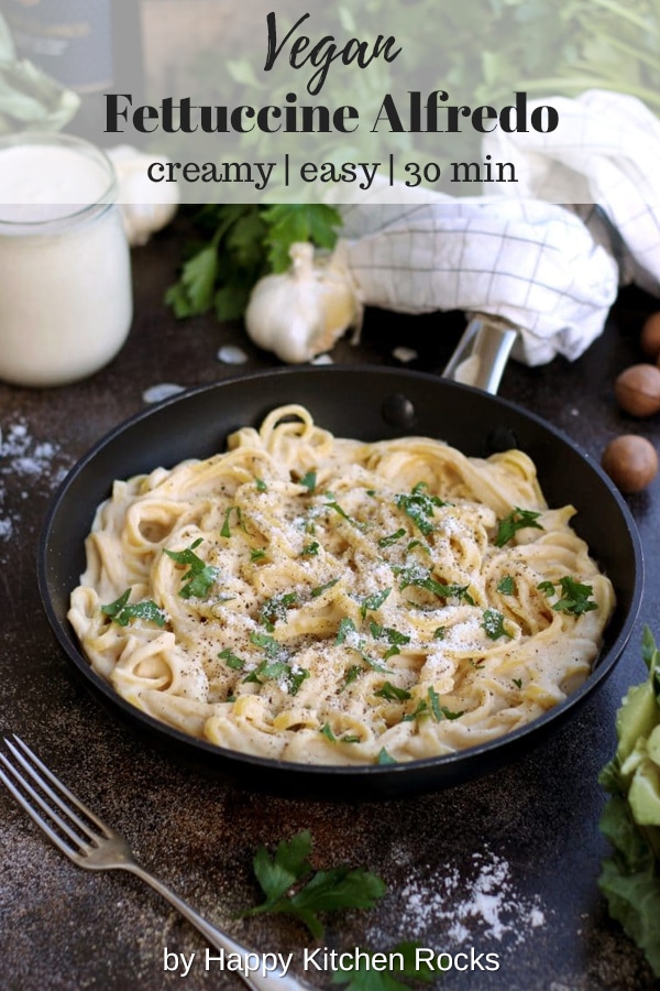 The Creamiest Vegan Fettuccine Alfredo in a Pan - Beautifuly Decorated and Ready to Be Served for Dinner