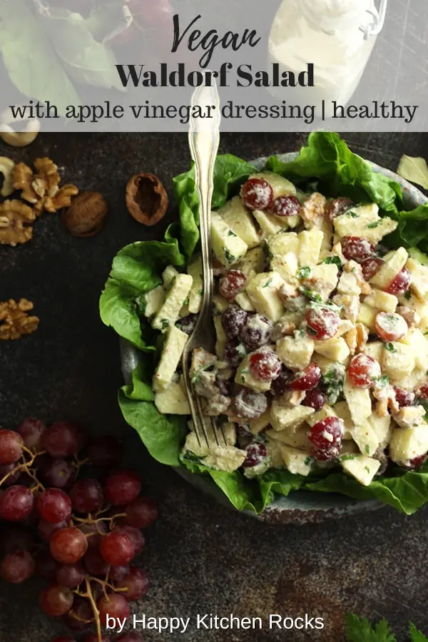 Healthy Vegan Waldorf Salad Recipe Served with a Fork Collage with Text Overlay
